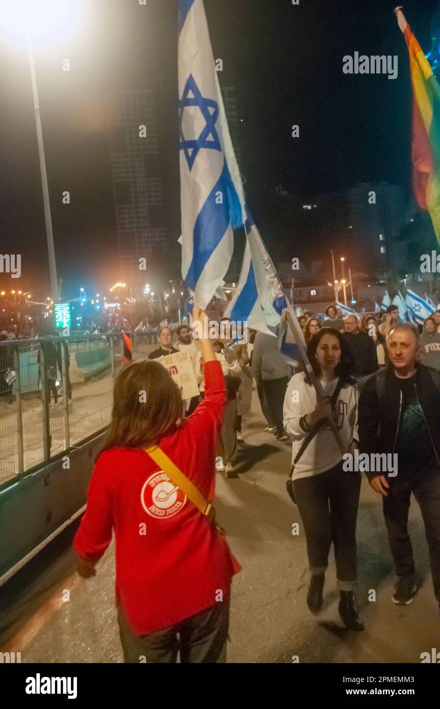 March 27, 2023, Tel Aviv, Israel: Anti-reform demonstrators an anti-reform demonstration in Tel Aviv. Over 230,000 people protest in Tel Aviv against Stock Photo