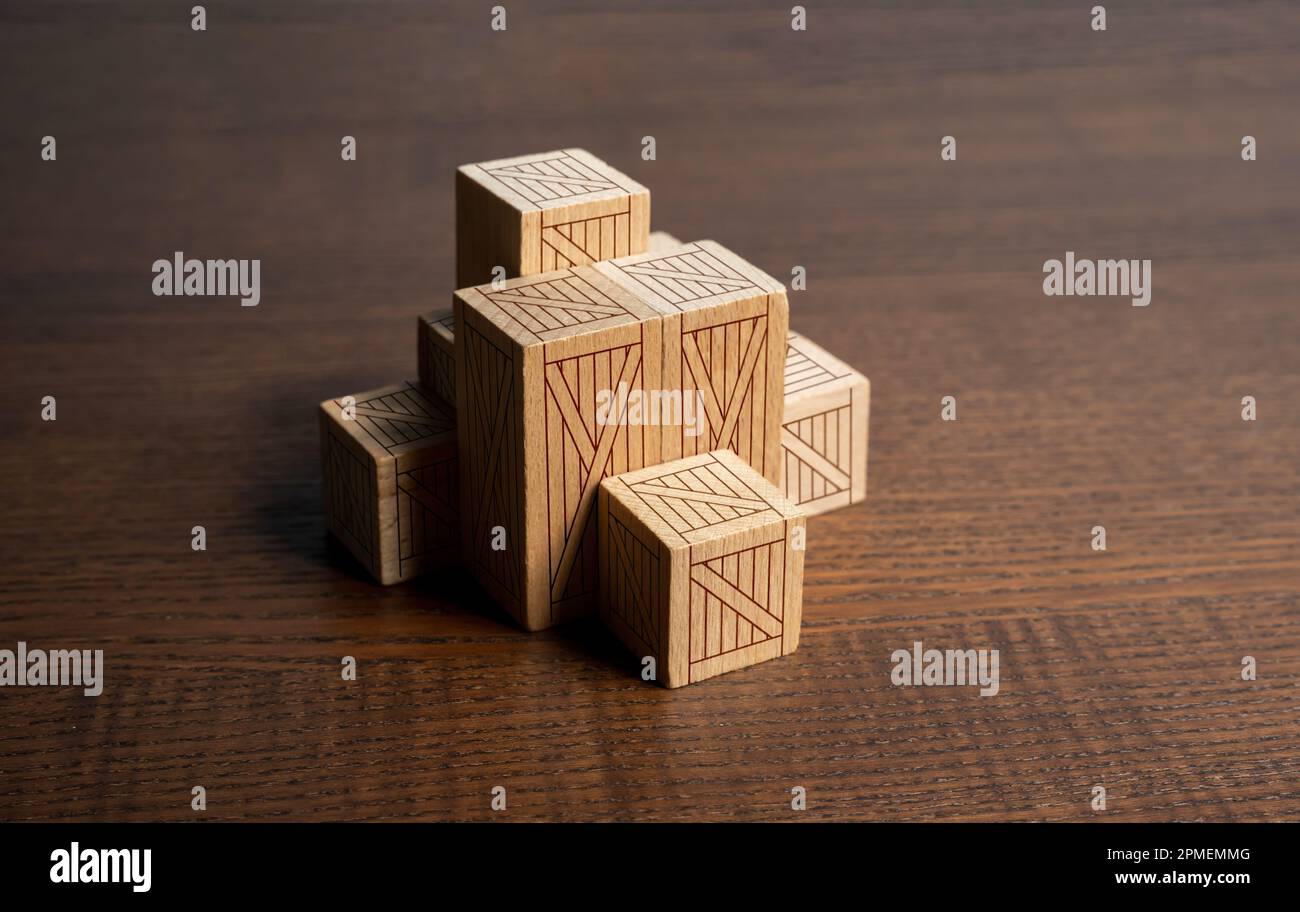 Wooden crates boxes for cargo. Packing and transportation logistics. Trade balance. Warehousing. Manufacturing industry. Retail of products. Consumpti Stock Photo