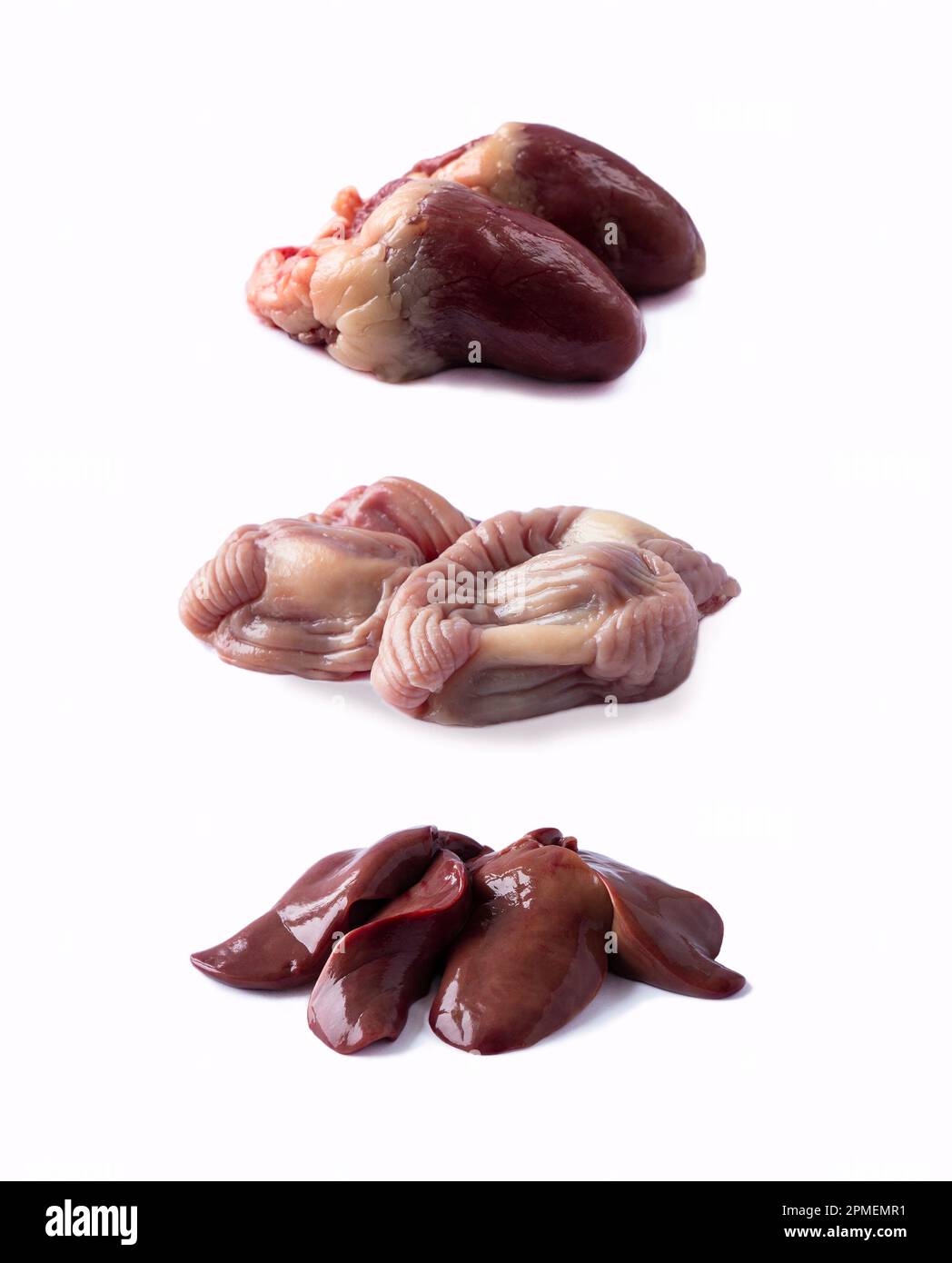 Raw сhicken Liver, stomachs and heart isolated on white background. Raw chicken offal close-up, isolated on white background. Stock Photo