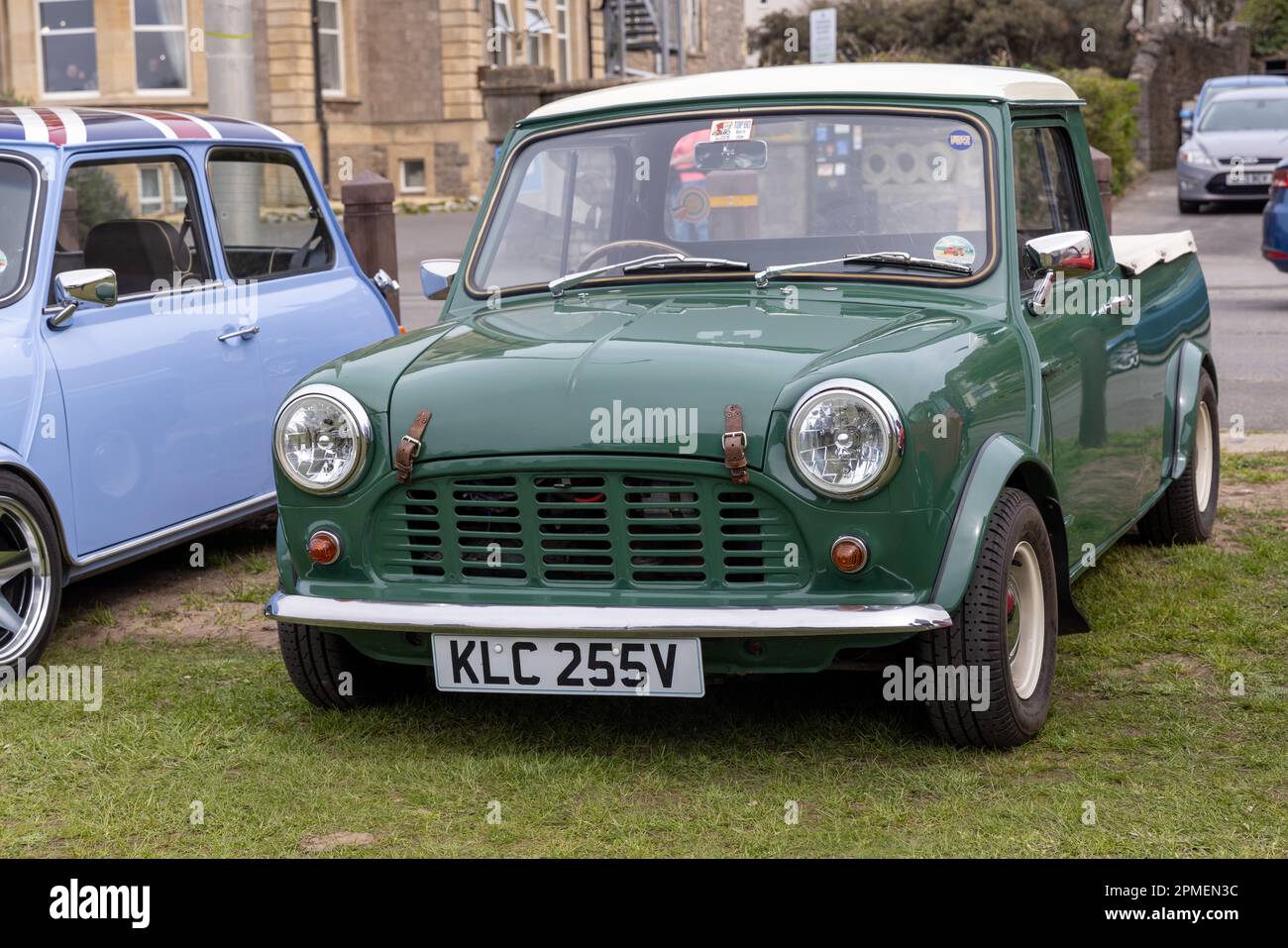 April 2023 - Classic green Mini Pickup at the Pageant of Motoring on the Lawns at Weston super Mare, in North Somerset, UK. Stock Photo