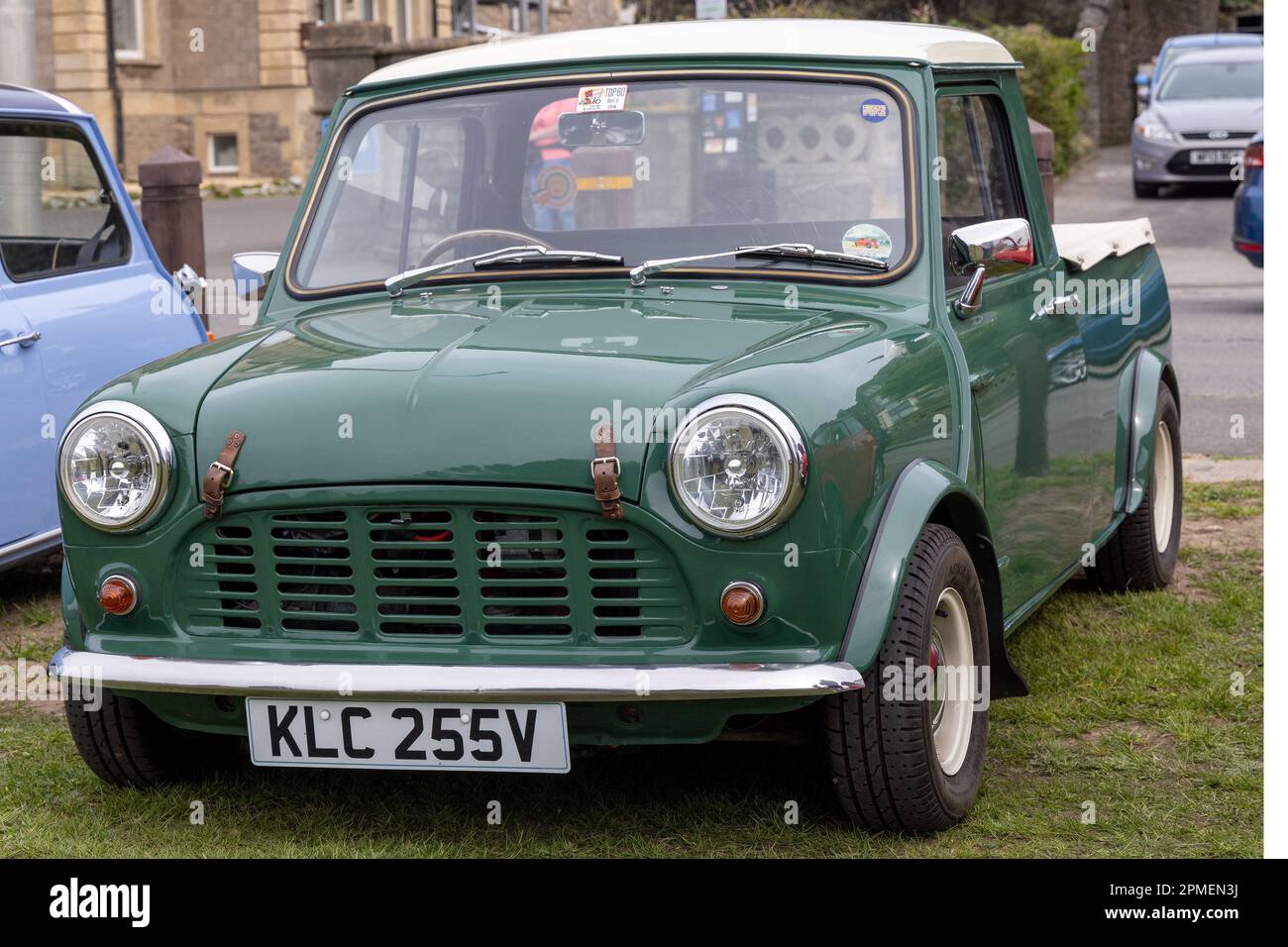 April 2023 - Classic green Mini Pickup at the Pageant of Motoring on the Lawns at Weston super Mare, in North Somerset, UK. Stock Photo
