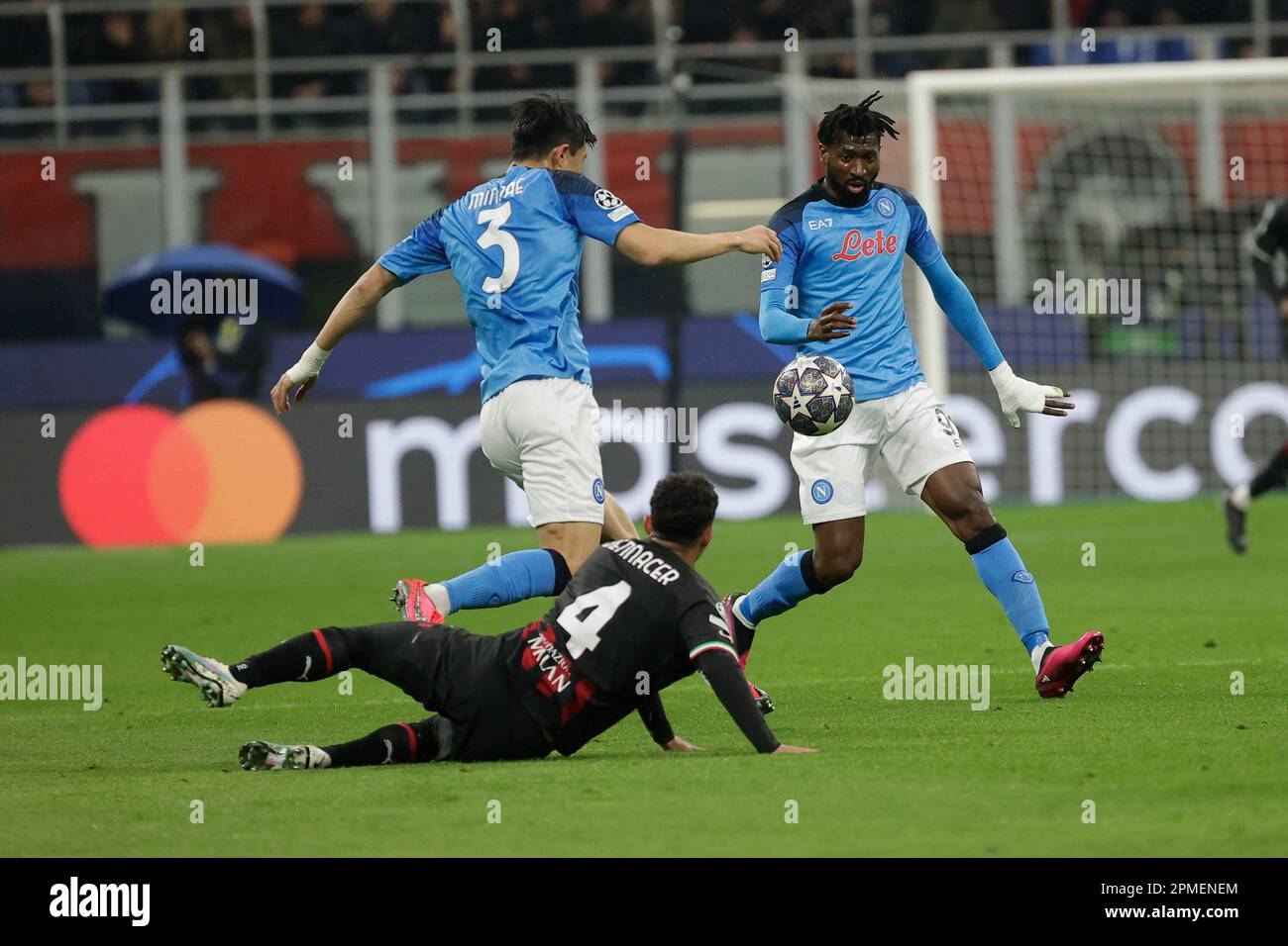 Milan, Naples, Italy. 12th Apr, 2023. Kim Min-Jae of Napoli Ismael Bennacer of Milan Andre Frank Anguissa of Napoli 0 during the Champions League Football, Quarter Final, First Leg match between AC Milan and SSC Napoli in Milan, Italy, 12 April 2023. (Credit Image: © Ciro De Luca/ZUMA Press Wire) EDITORIAL USAGE ONLY! Not for Commercial USAGE! Stock Photo