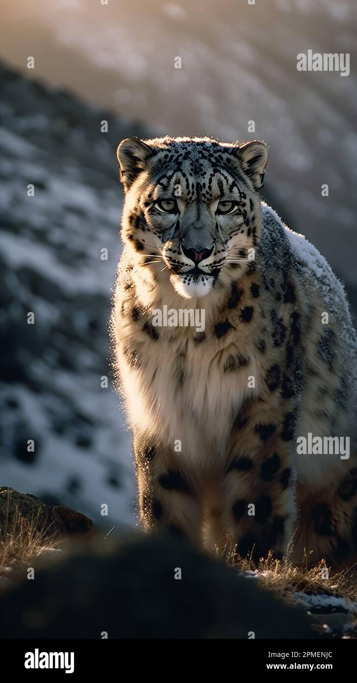 Snow leopard portrait close up on dark background. sitting in nature ...