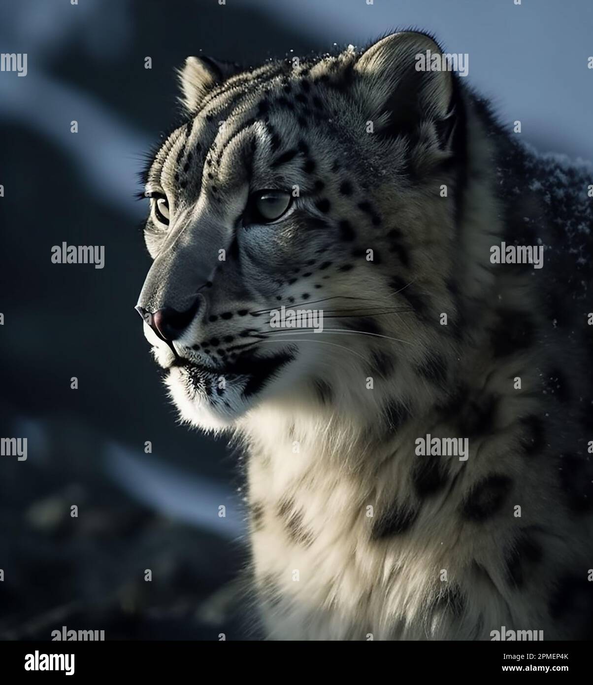 Snow leopard portrait close up on dark background. sitting in nature