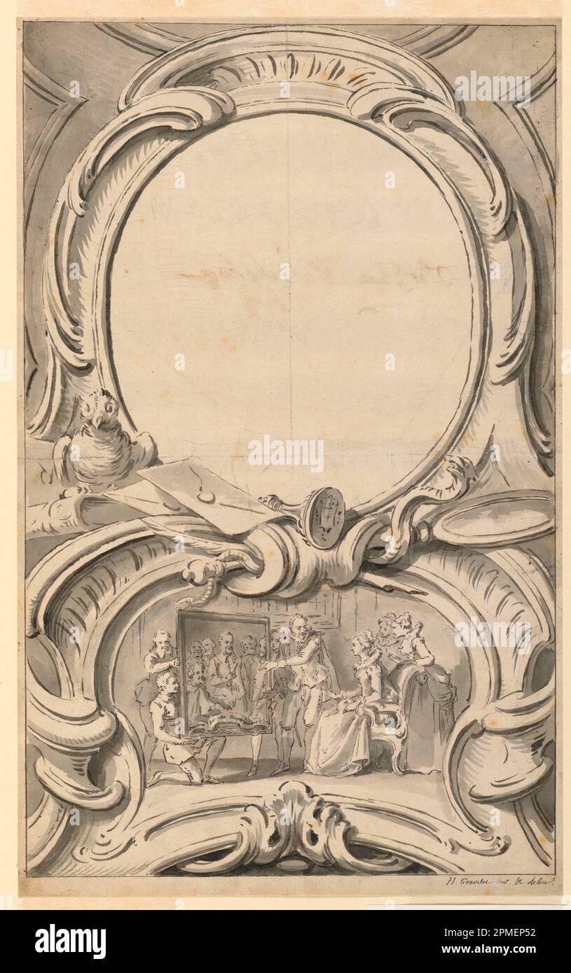 Drawing, Design for Frame Surrounding the Portrait of Sir Francis Walsingham; Hubert-François Gravelot (French, active England, 1699 - 1773); France; pen and ink, brush and wash on paper; 37.3 × 23 cm (14 11/16 × 9 1/16 in.) Stock Photo