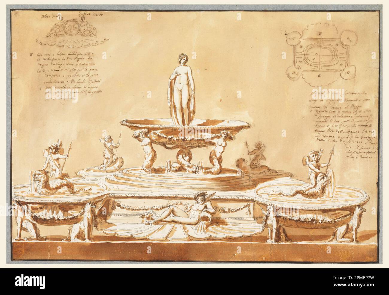 Drawing, Inkstand; Designed by Giuseppe Barberi (Italian, 1746–1809); Italy; pen and brown ink, brush and brown wash, graphite on off-white laid paper; Image: 30.7 x 44.9 cm (12 1/16 x 17 11/16 in.) Mat: 40.6 x 55.9 cm (16 x 22 in.) Frame H x W x D: 44.8 x 60.3 x 2.5 cm (17 5/8 in. x 23 3/4 in. x 1 in.) Mount: 34.1 x 45.7 cm (13 7/16 in. x 18 in.) Stock Photo