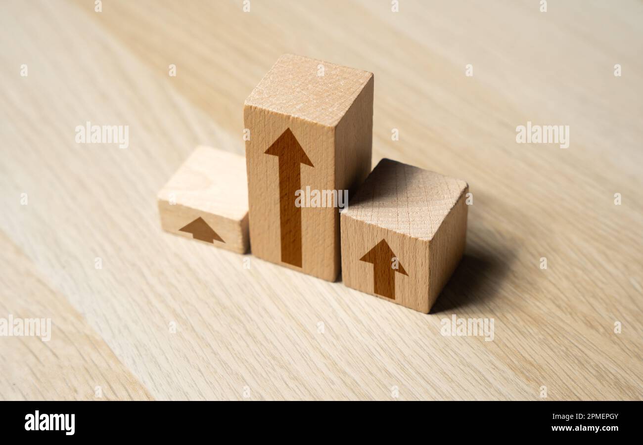 Growth graph chart from blocks with arrows. Development and growth, moving up. Competition concept. Summing up the results. Rise visualization Stock Photo