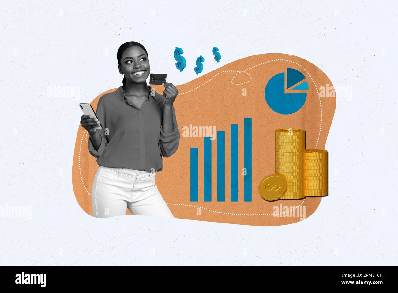 Creative collage picture of black white gamma girl hold smart phone