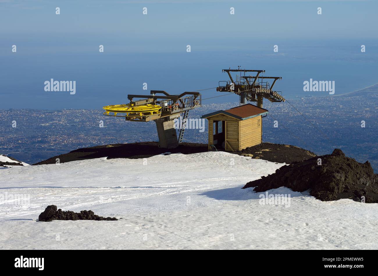 skilift terminal station Nicolosi Nord - Etna Sud in winter National Park, Sicily, Italy Stock Photo
