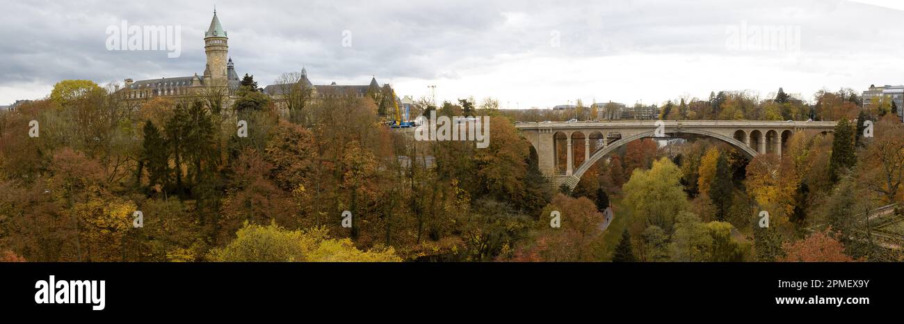 An aerial panoramic view of the Adolphe Bridge in Luxembourg during the fall season. Stock Photo