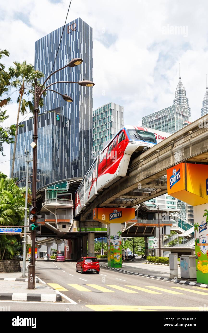 Kuala Lumpur, Malaysia – February 5, 2023: KL Monorail train at Raja Chulan station public transport portrait format in Kuala Lumpur, Malaysia. Stock Photo