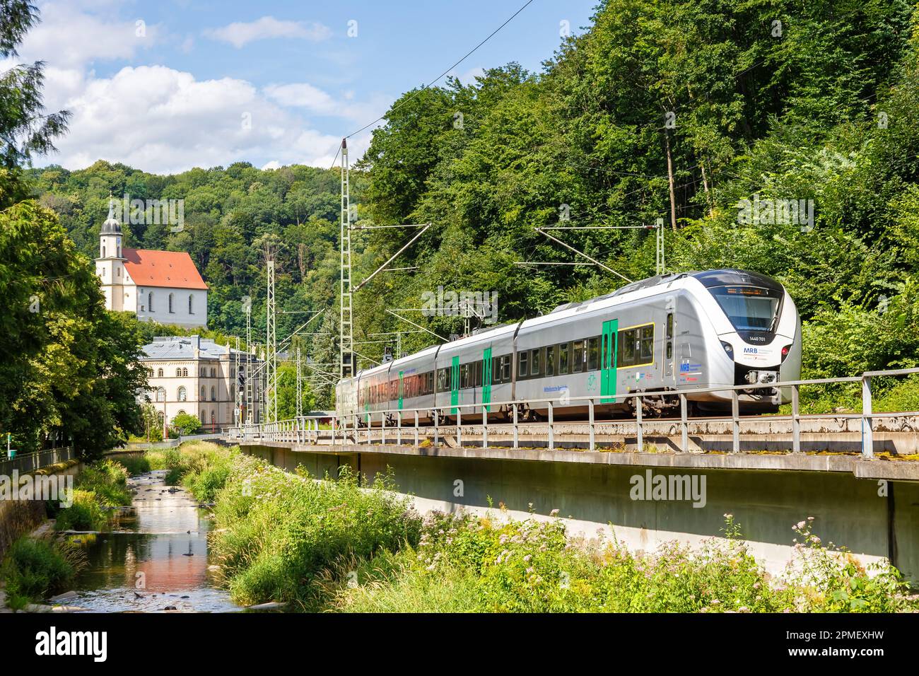 Tharandt, Germany – July 31, 2021: Regional train Alstom Coradia Continental for Mitteldeutsche Regiobahn MRB in Tharandt, Germany. Stock Photo