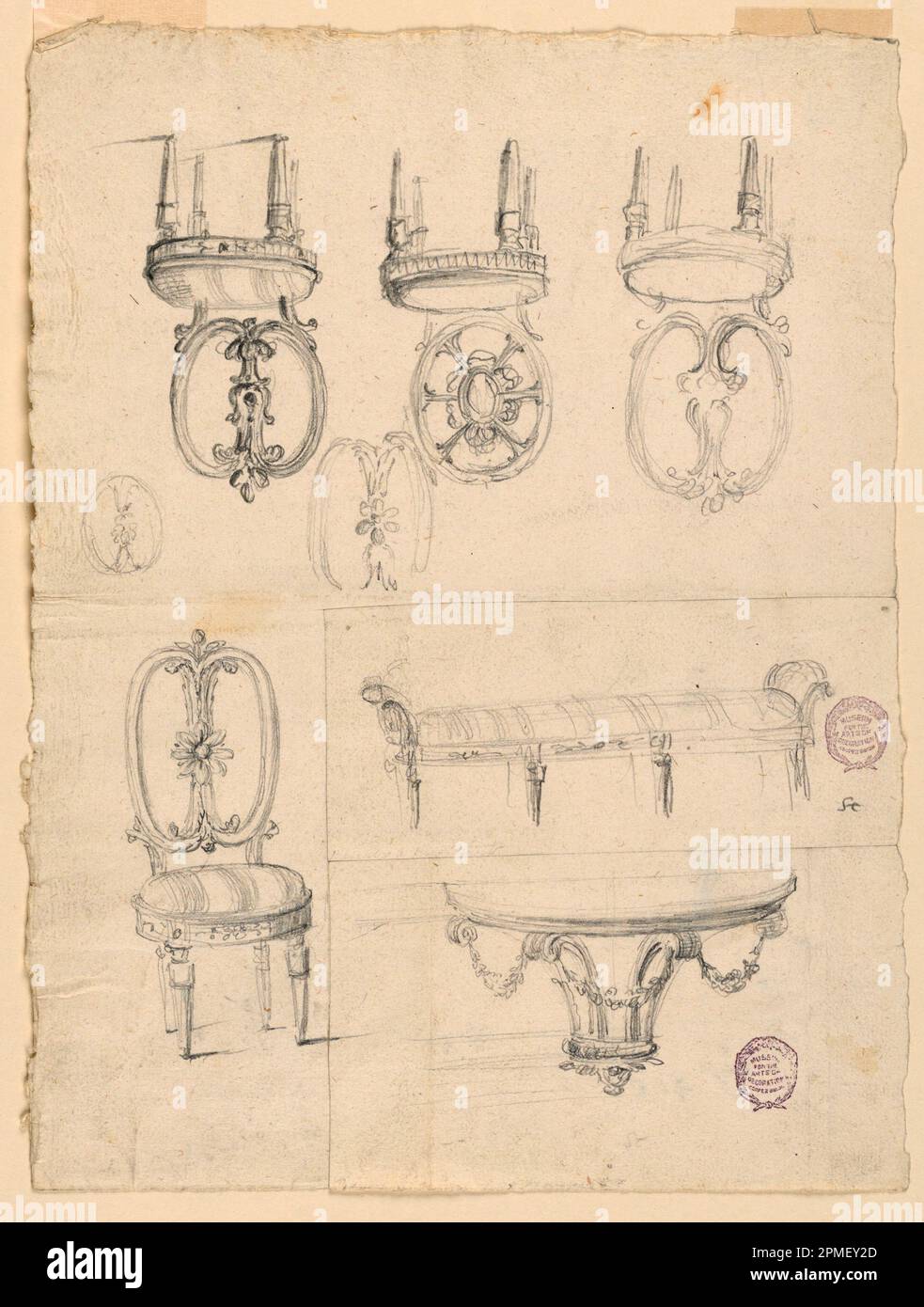 Drawing, Chairs and Architectural Sketches; Architect: Giuseppe Barberi (Italian, 1746–1809); Italy; graphite on off-white laid paper; Image: 8.2 x 14.5 cm (3 1/4 x 5 11/16 in.) Stock Photo