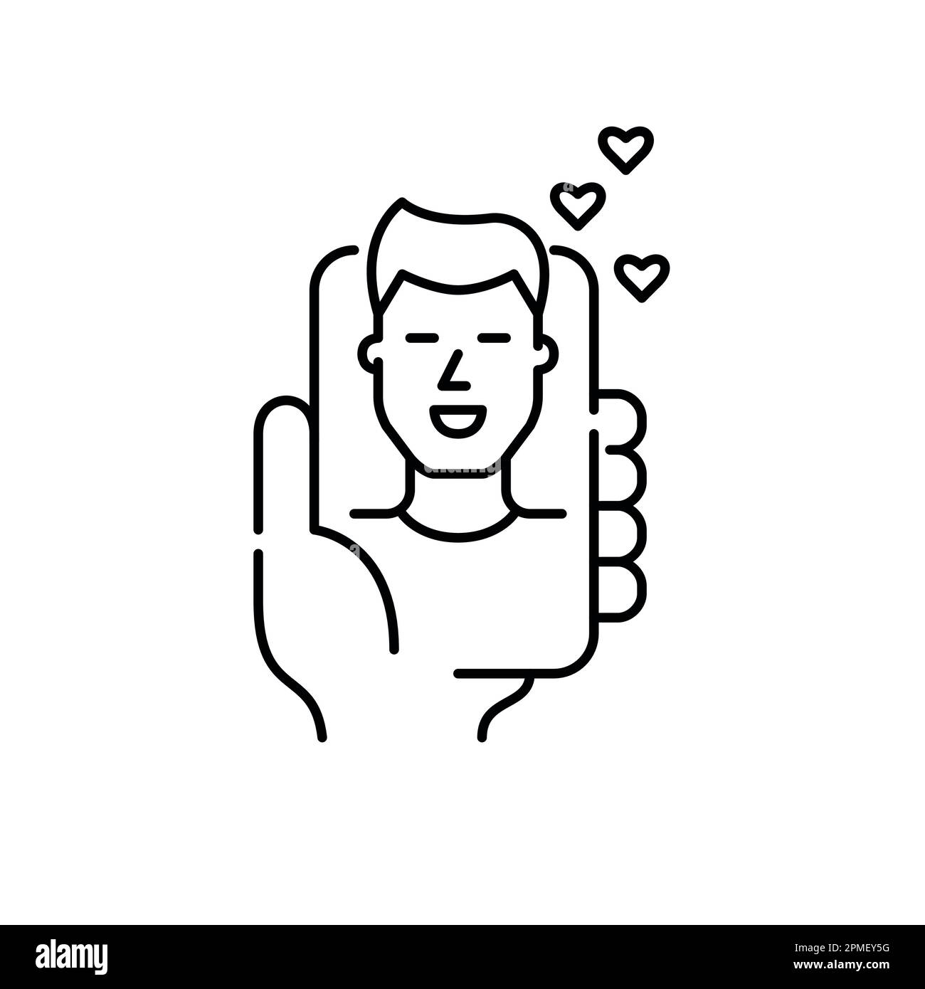 Guy receiving likes of dating app. Male user profile. Hand holding smartphone. Pixel perfect, editable stroke icon Stock Vector