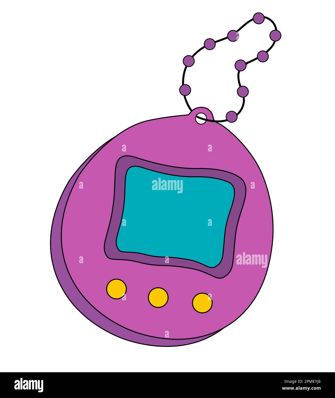 Tamagotchi toy vector illustration. Vintage digital pocket game icon and sticker. Retro purple Tamagotchi with screen display, chain and buttons. Stock Vector