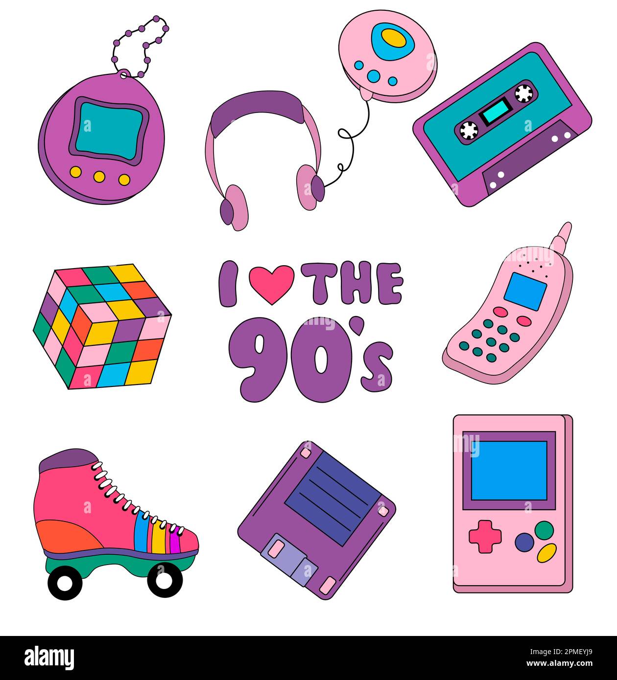 Collection of colorful stickers, icons in 90s style. Retro set