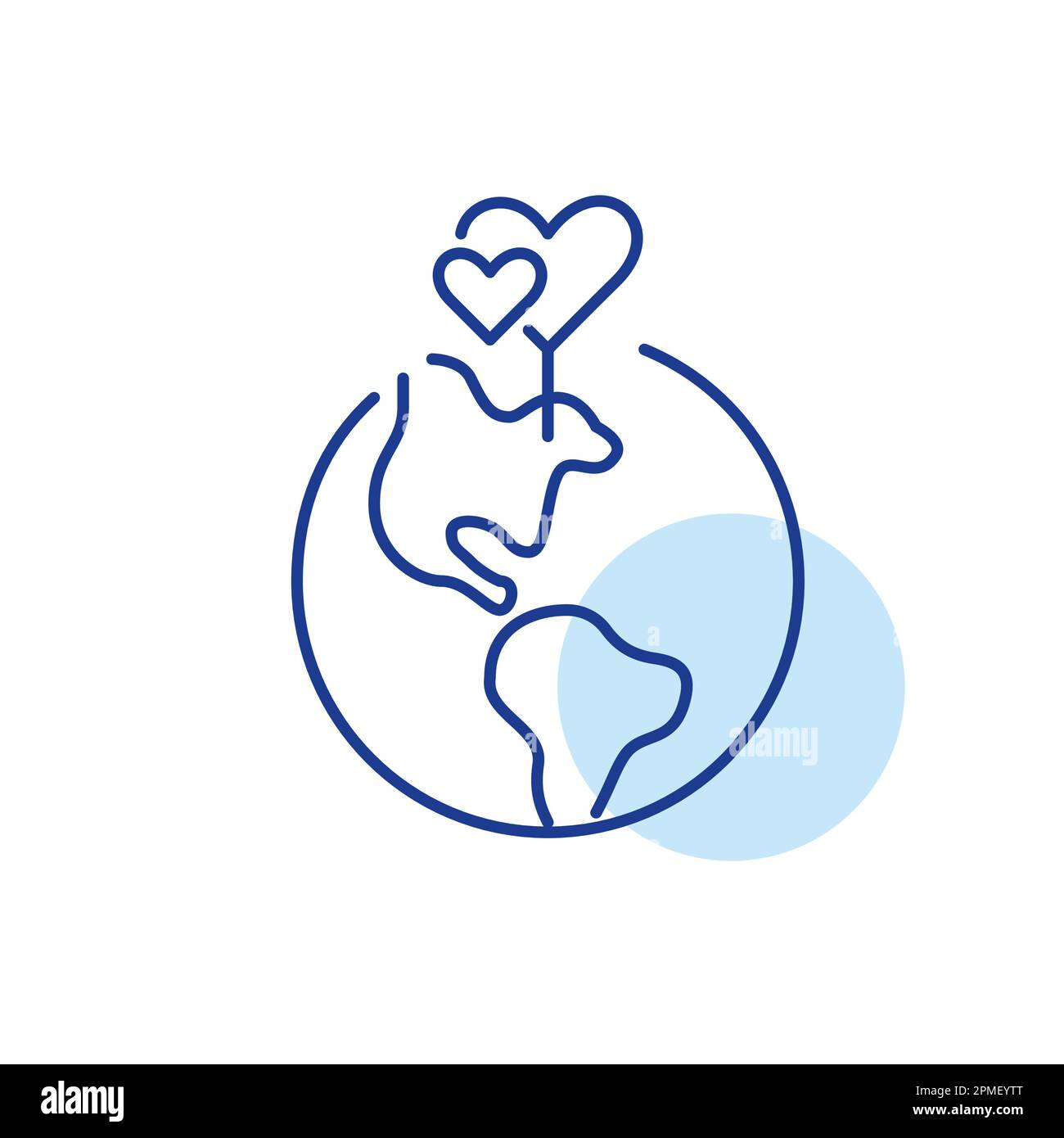 Two hearts intertwined. Map pointer on Earth. Finding match on global level. Pixel perfect, editable stroke icon Stock Vector