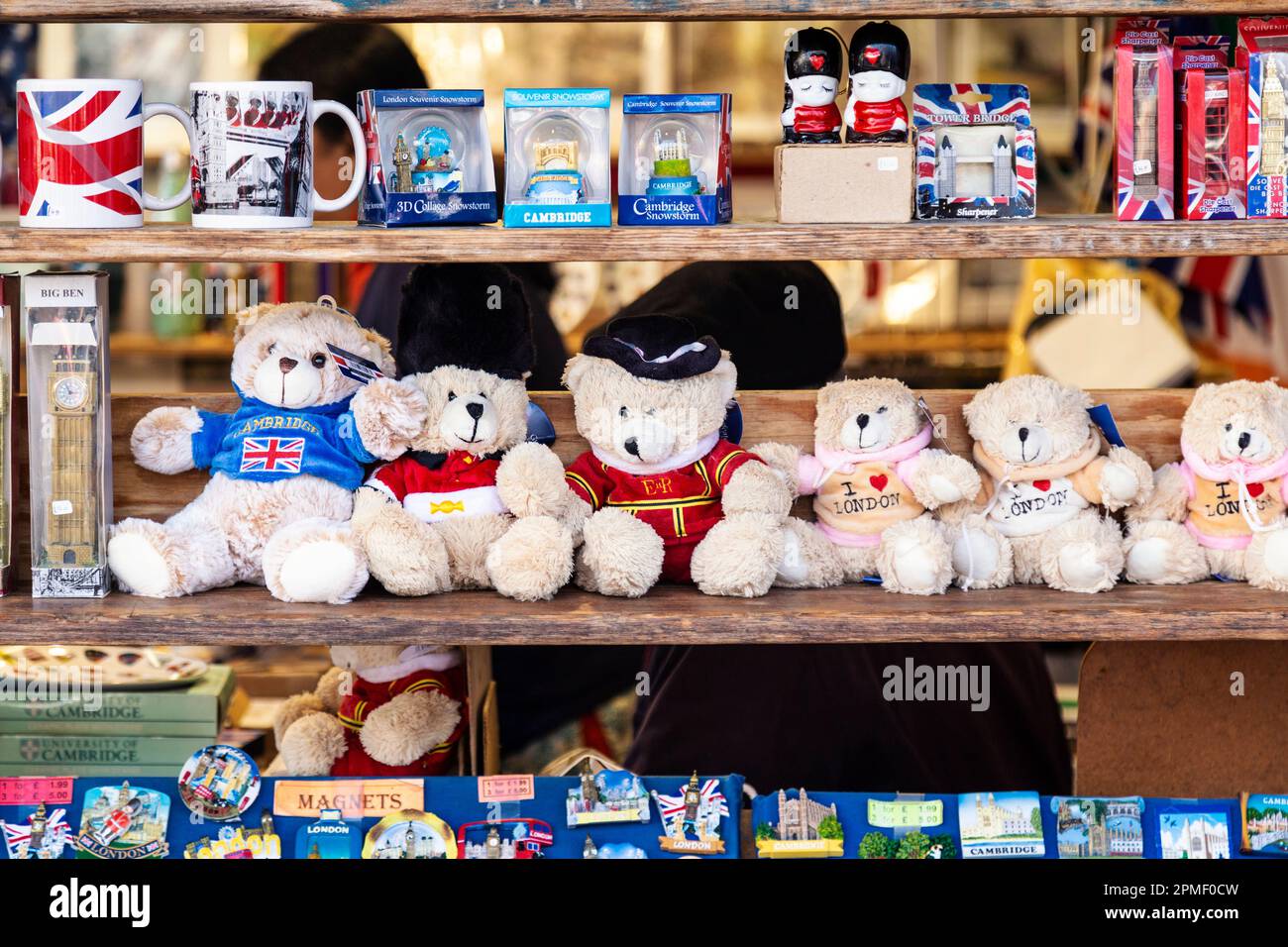 Selection of British themed souvenirs in a souvenir shop display window, Cambridge, England, UK