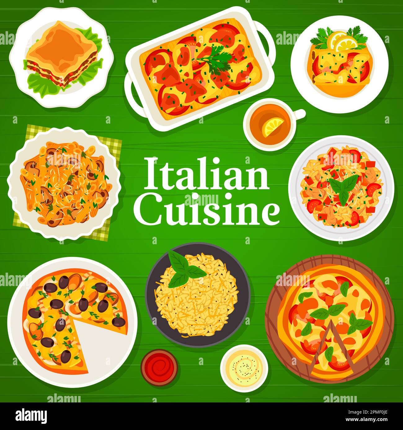 Italian cuisine menu cover with pasta, pizza and risotto, Italy
