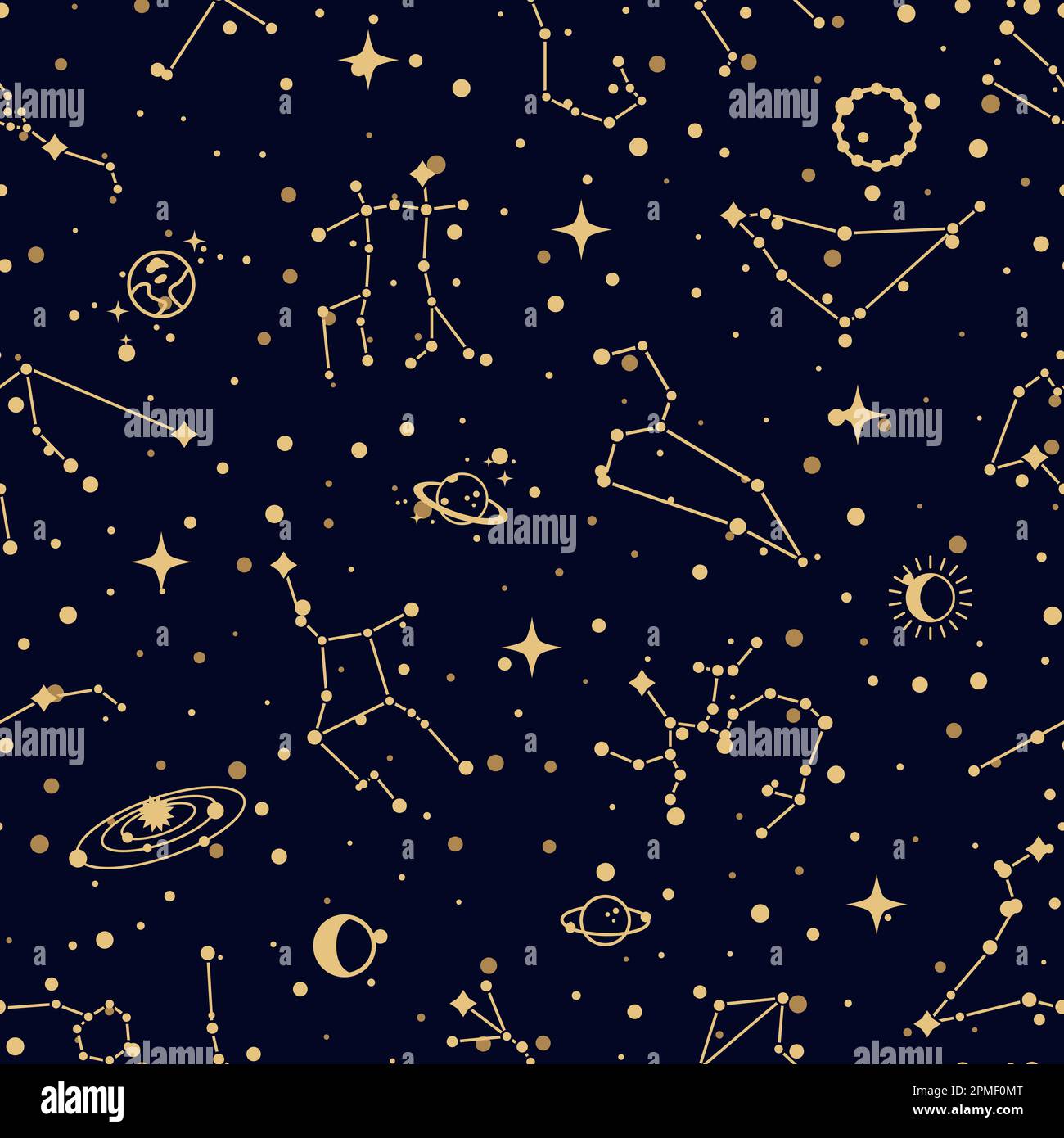 Constellation pattern, vector seamless background with zodiac star clusters, planets and satellites in black sky. Groups of stars in section of celest Stock Vector