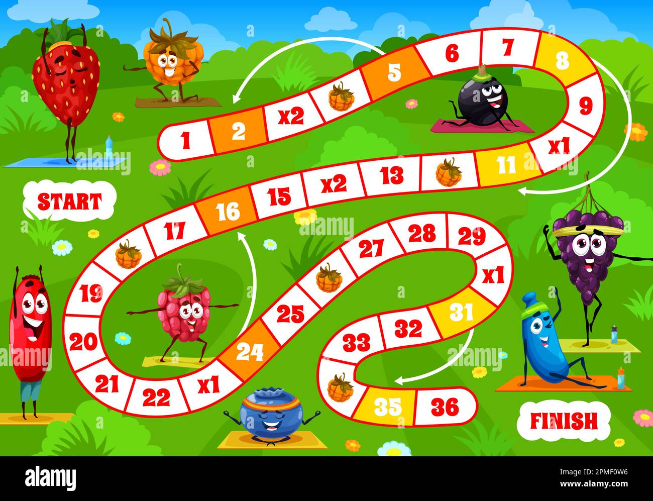 Board step game. Cartoon berry characters on yoga. Kids dice boardgame