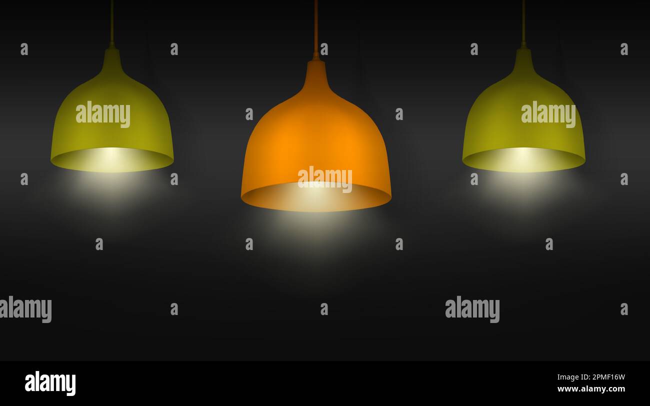 Hanging pendant lamps with the light on. Chandeliers with color