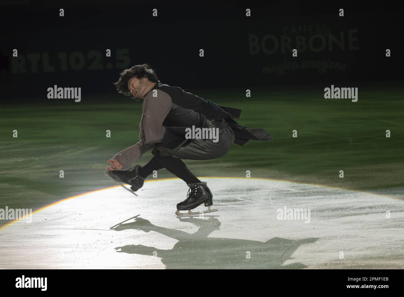 Raffaele Francesco Zich skating on the music note of the movie Mission at the Cinema on ice show Stock Photo