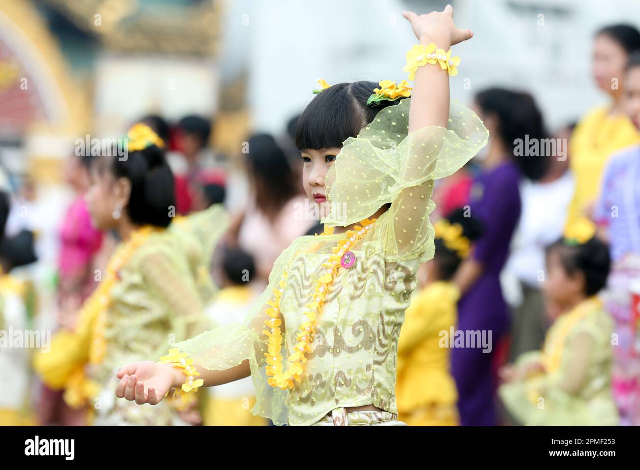 Yangon, Myanmar. 13th Apr, 2023. A child performs during celebrations