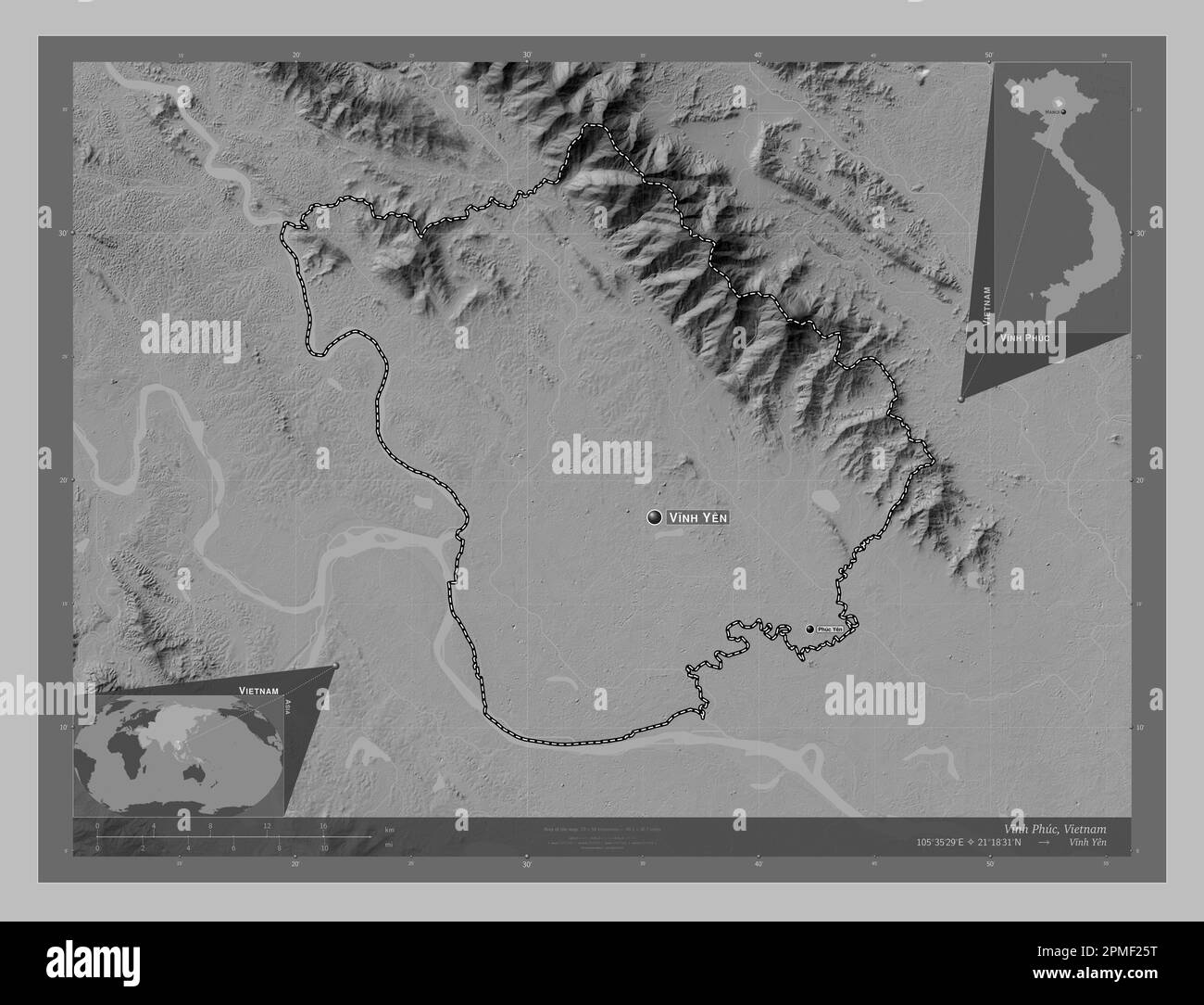 Vinh Phuc Province Of Vietnam Grayscale Elevation Map With Lakes And Rivers Locations And Names Of Major Cities Of The Region Corner Auxiliary Loc 2PMF25T 