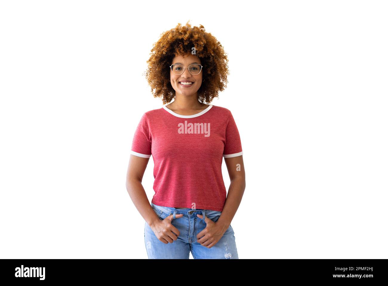Portrait of biracial woman wearing red t-shirt with copy space on white background Stock Photo