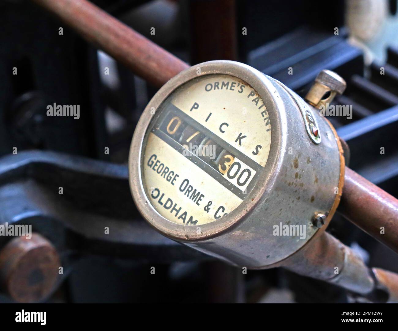 George Orme of Oldham, Ormes patent PICKS counter, cotton weaving machines, Burnley, Lancashire, England, UK Stock Photo