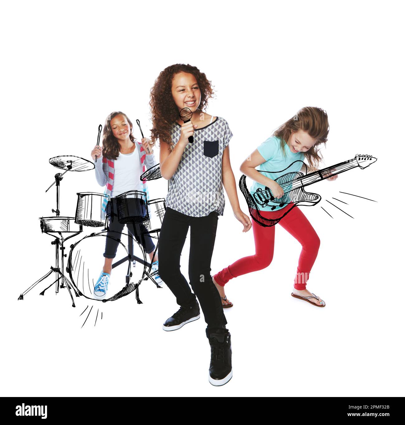 Sharing their musical talent. Studio shot of children playing rock