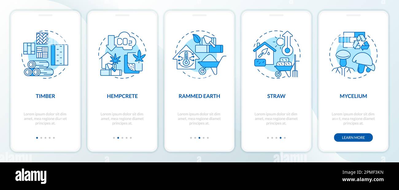 Bio based building materials blue onboarding mobile app screen Stock Vector
