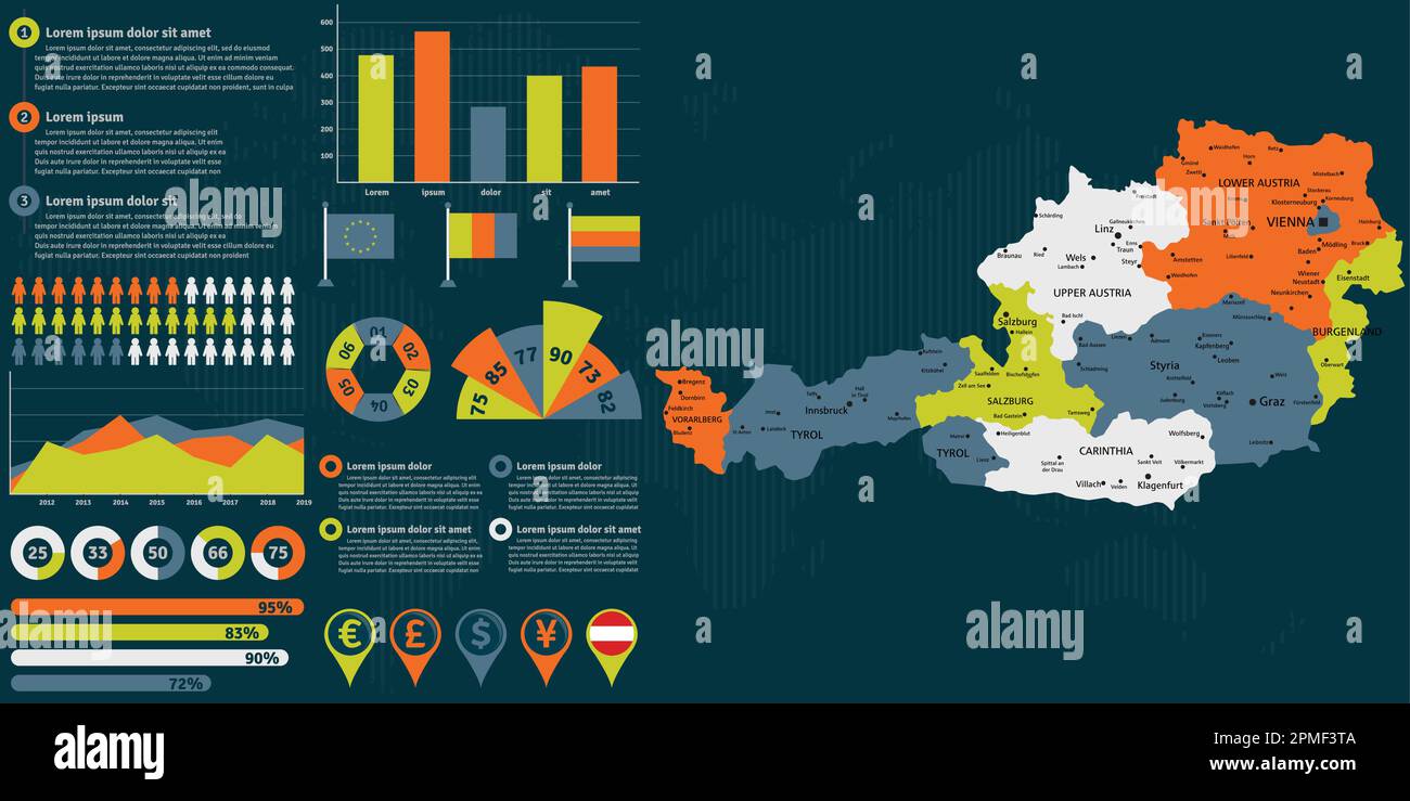 Detailed Austria map with infographic elements. Vector illustration. Stock Vector