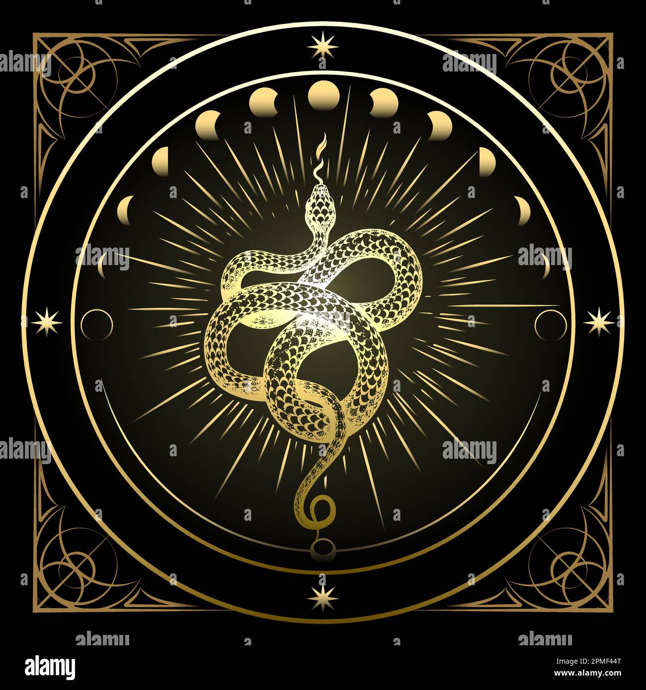 Golden Snake and Phases of Moon Astrological Emblem isolated on white. Vector illustration Stock Vector