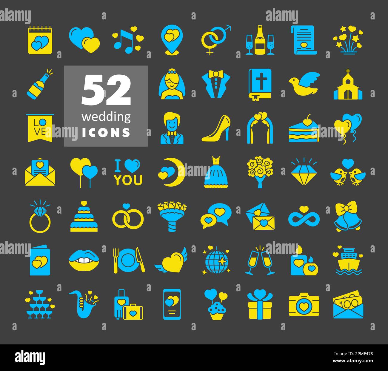 Wedding, marriage, bridal isolated glyph on dark background icon set. Vector illustration, romance elements. Sticker, patch, badge, card for marriage, Stock Vector