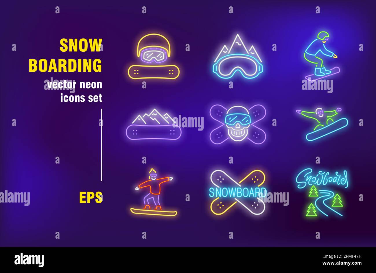 Snowboarding set in neon style Stock Vector