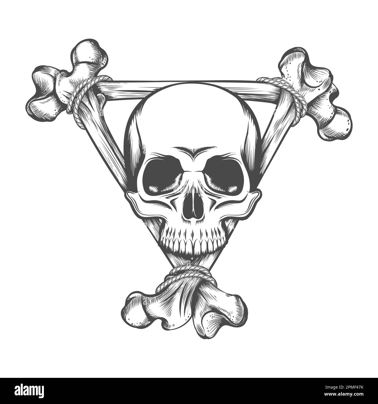 Engraving Tatttoo o f Skull in Triangle of Human Bones isolated on white background. Vector illustration Stock Vector