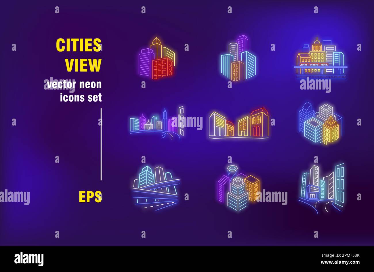 City view neon signs set Stock Vector