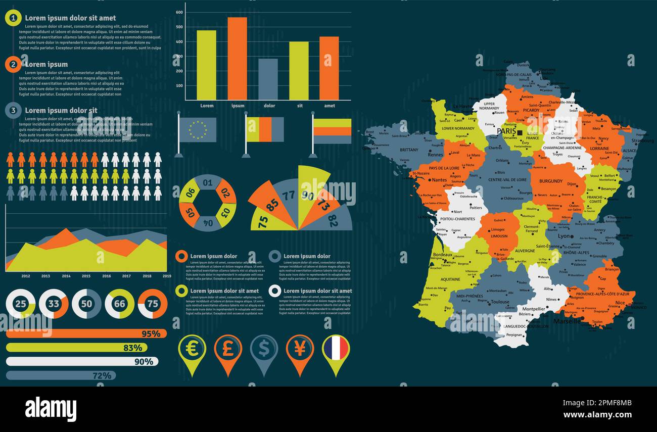 Detailed France map with infographic elements. Vector illustration