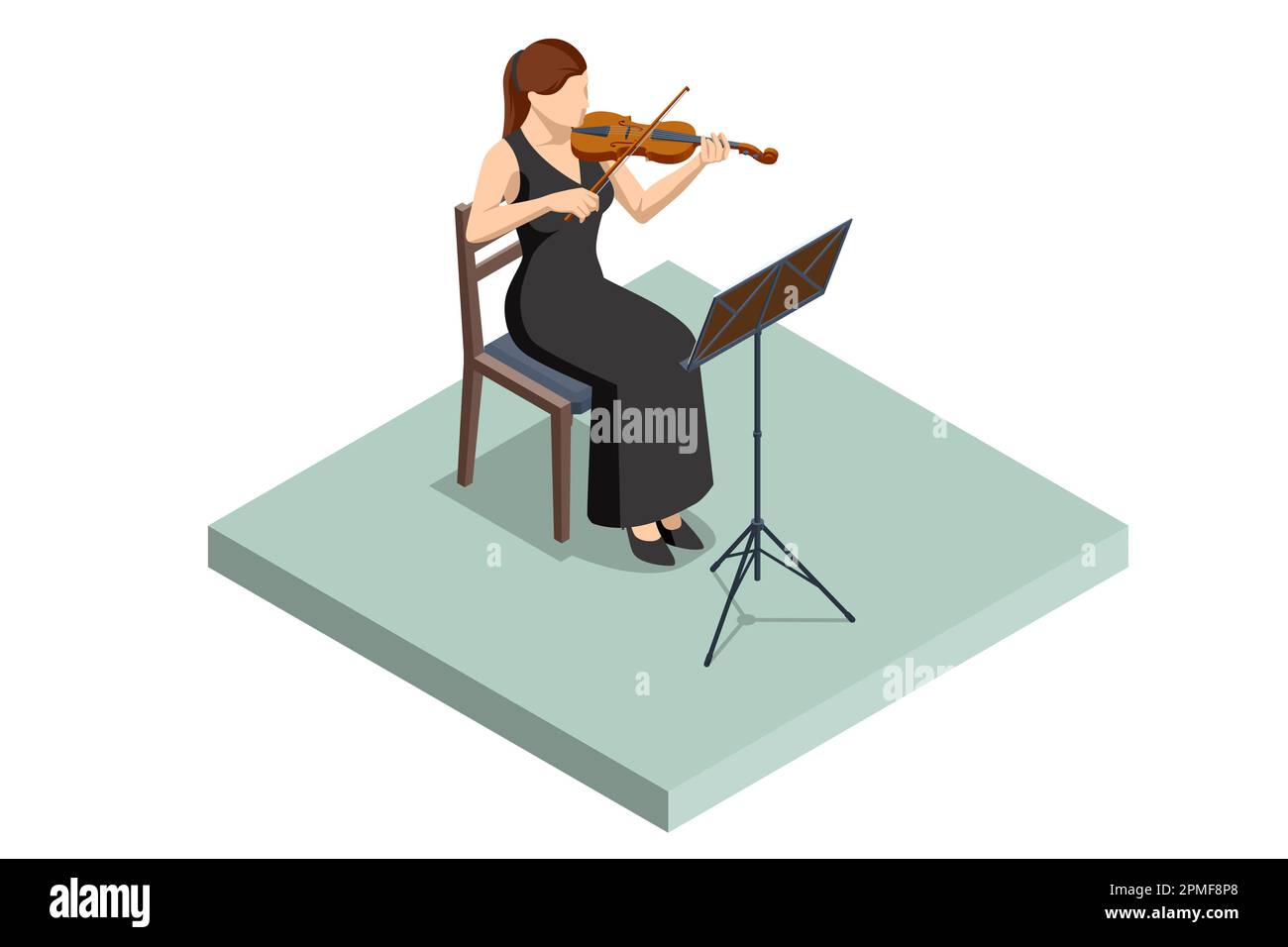 Isometric violinist. Woman playing the violin. Classical stringed musical instrument. Brown violin and bow. Music stand with notes. Stock Vector