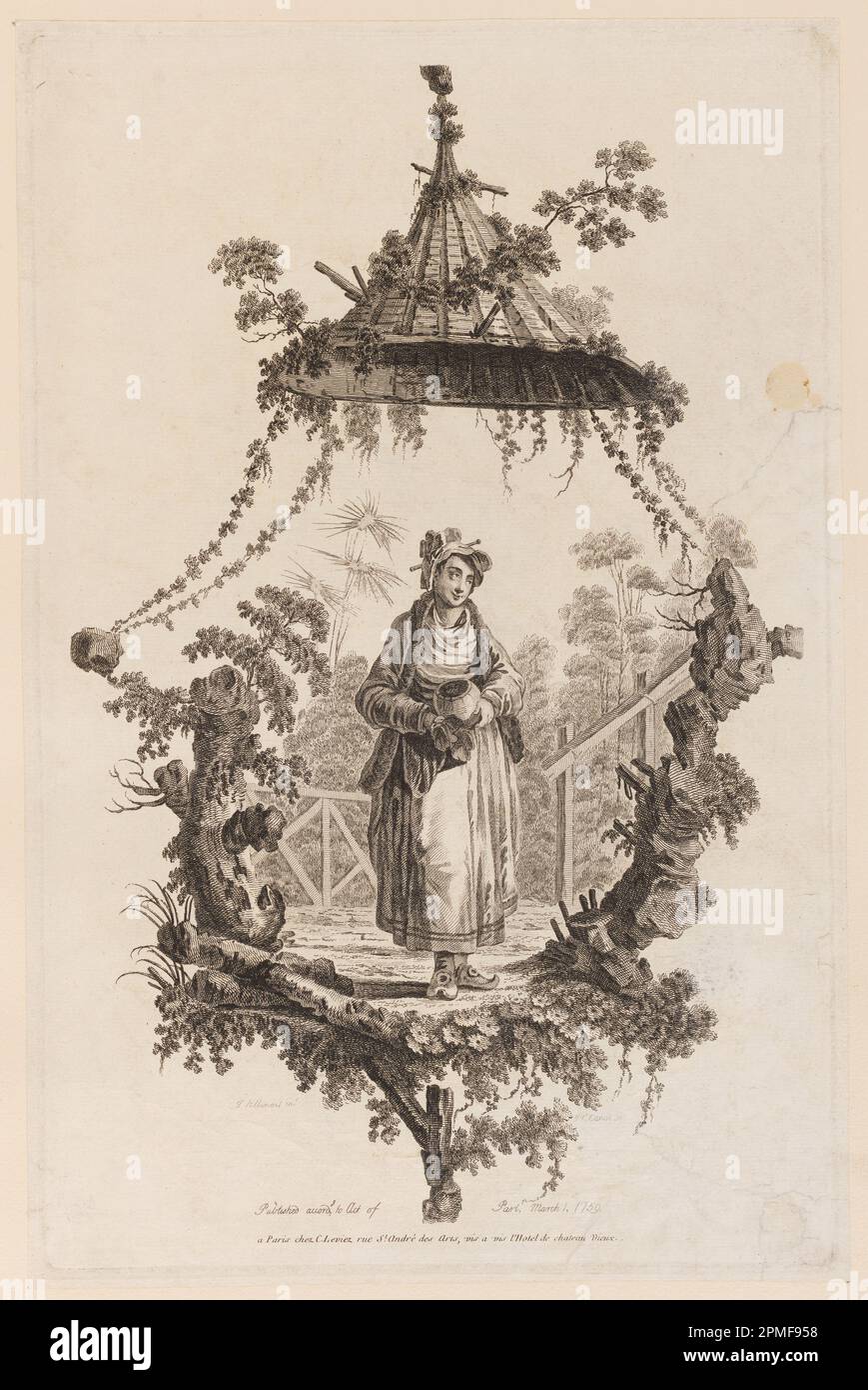 Print, Figure Under Canopy; Designed by Jean-Baptiste Pillement (French, 1728–1808); Print Maker: Pierre-Charles Canot (French, 1710 - 1777); France; etching on paper Stock Photo