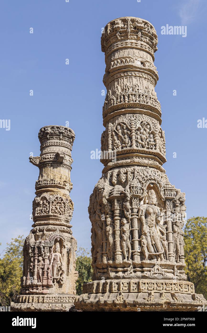 India, Gujarat, Modhera, Surya temple or Sun temple, the carved columns