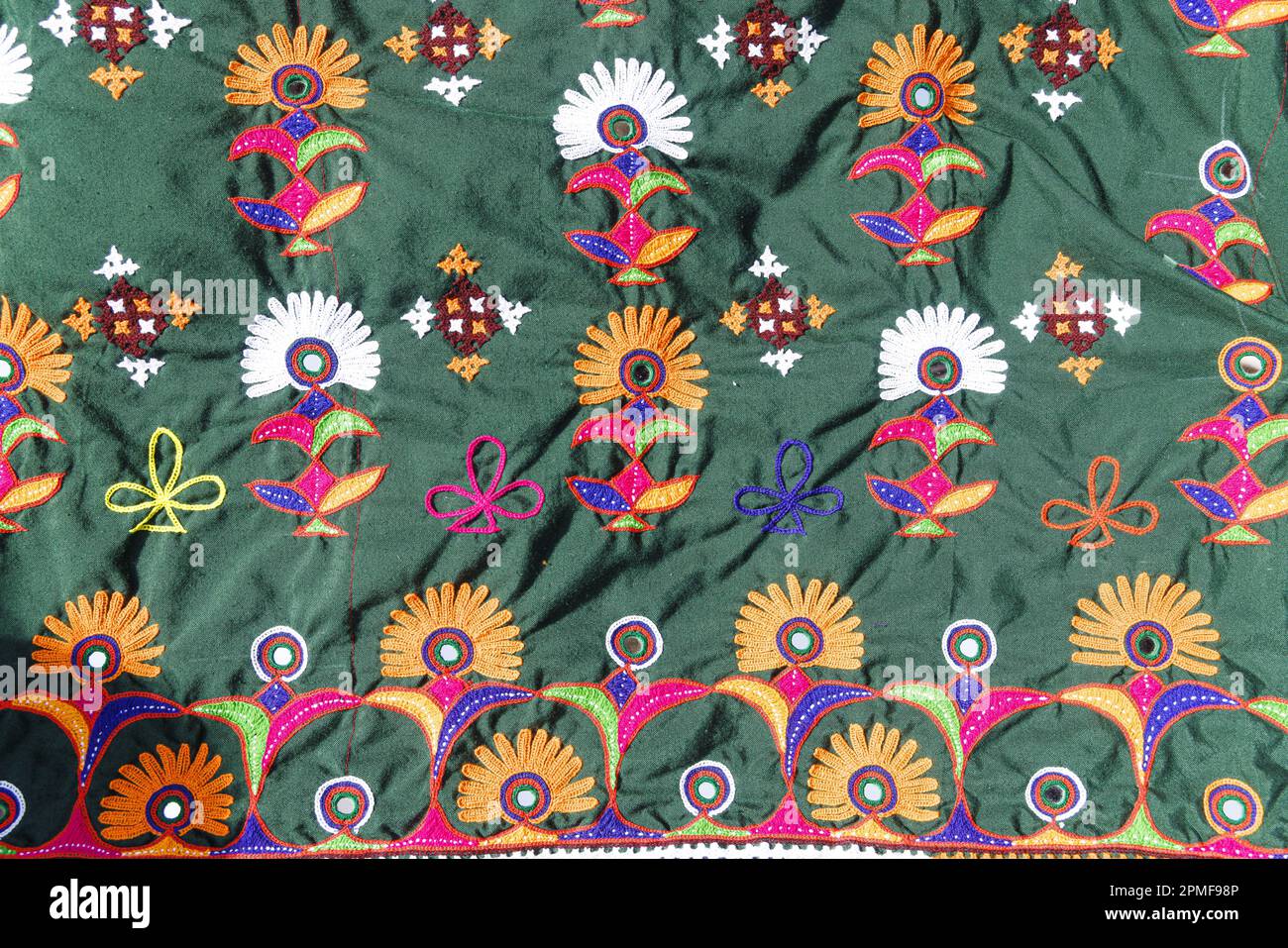 Multicoloured Hindu OM / AUM and lotus flower embroidery pattern. Indian  handicraft. India Stock Photo - Alamy