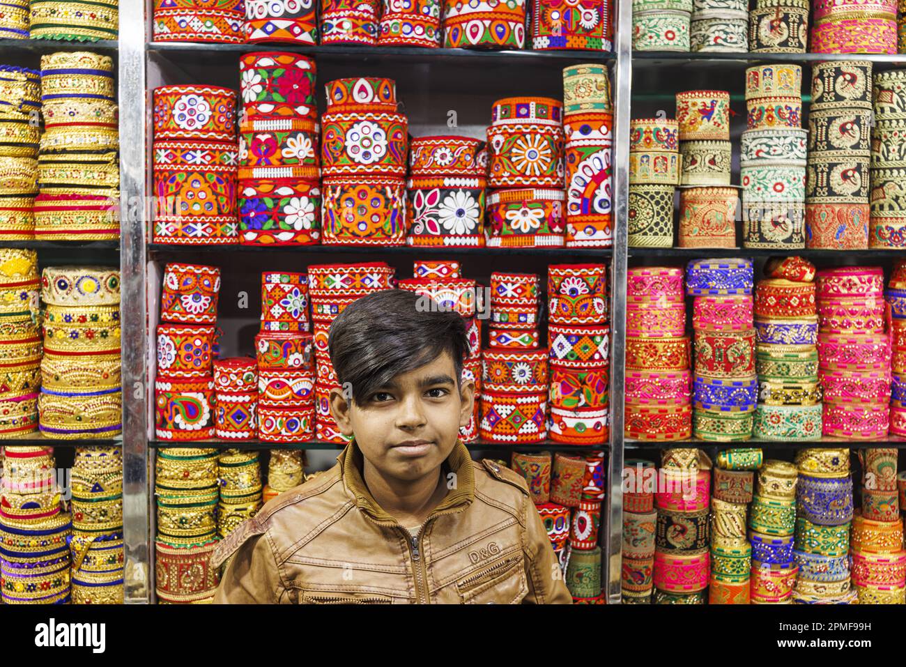 India, Gujarat, Bhuj, embroidered ribbons shop Stock Photo