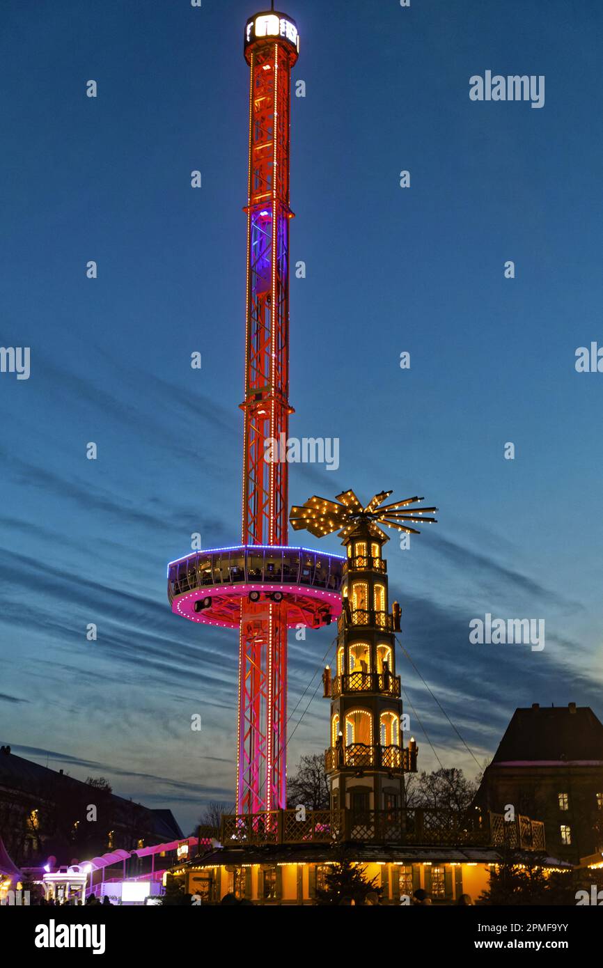 France, Moselle, Metz, the City Skyliner, the panoramic tower installed for the Christmas market, and the illuminations in the streets for the end of year celebrations Stock Photo