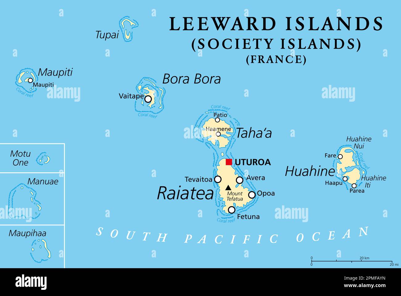 Leeward Islands, political map. Western part of the Society Islands in French Polynesia, an overseas collectivity of France in the South Pacific. Stock Photo
