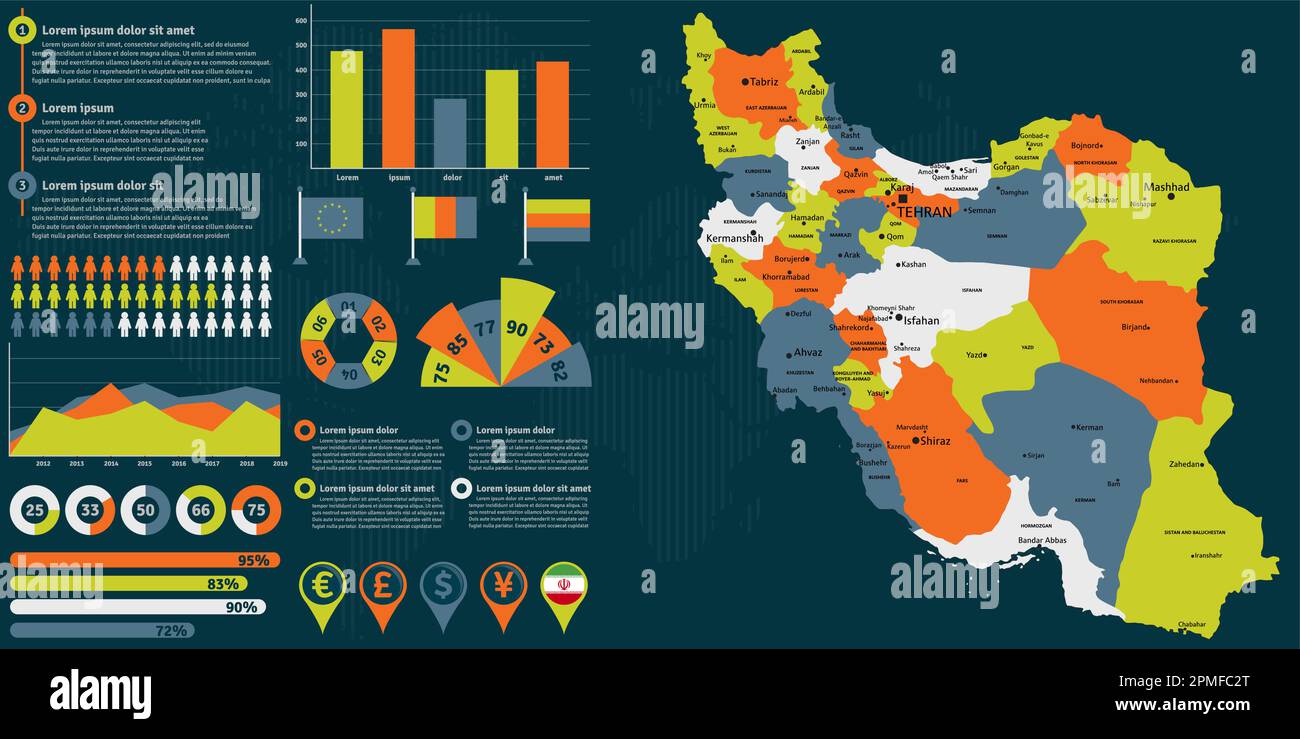 Detailed Iran map with infographic elements. Vector illustration Stock