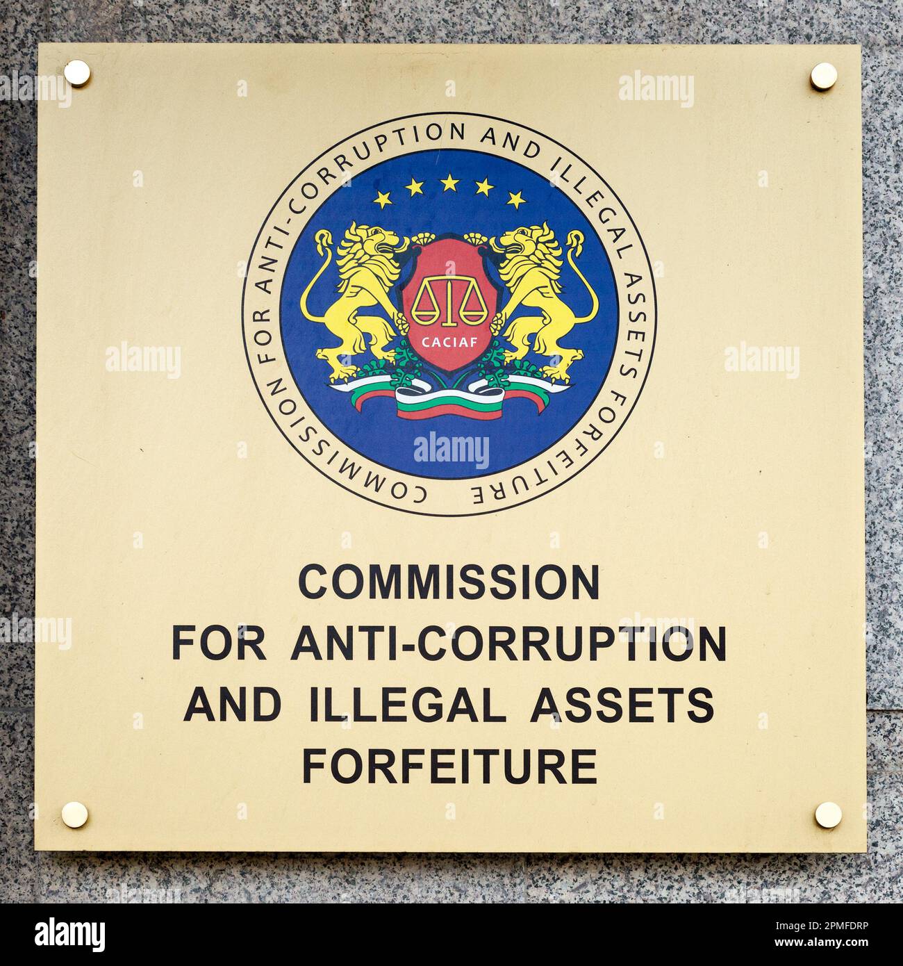 Sign and logo for the Commission for Anti-Corruption and Illegal Assets Forfeiture or CACIAF in Sofia, Bulgaria, Eastern Europe, Balkans, EU Stock Photo