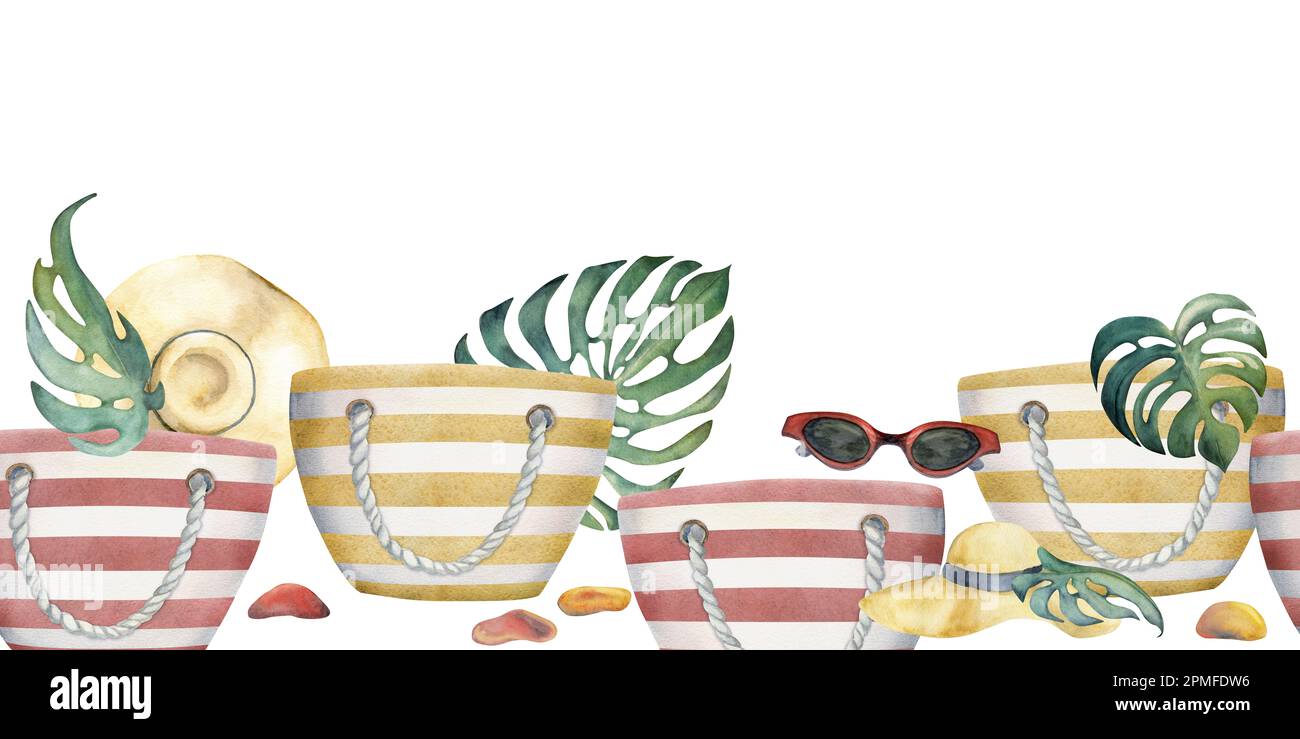 Hand drawn watercolor striped beach bag, sun hat, sea glass. Seamless ...